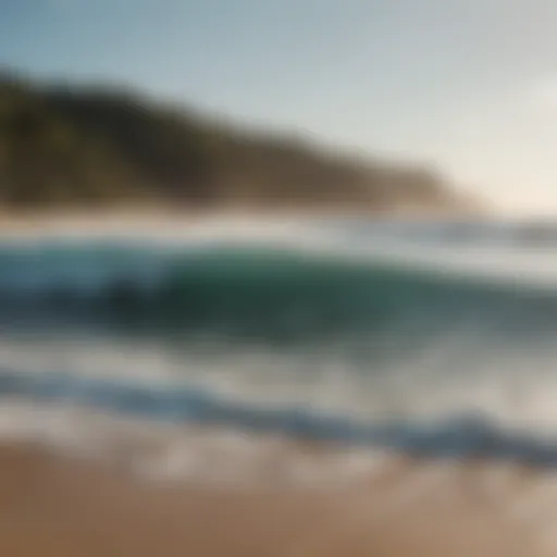 A stunning view of a pristine beach with surfers catching waves