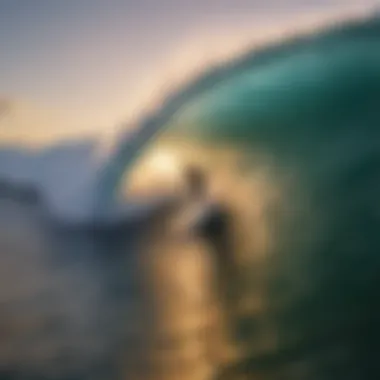 A surfer riding a massive wave during sunset