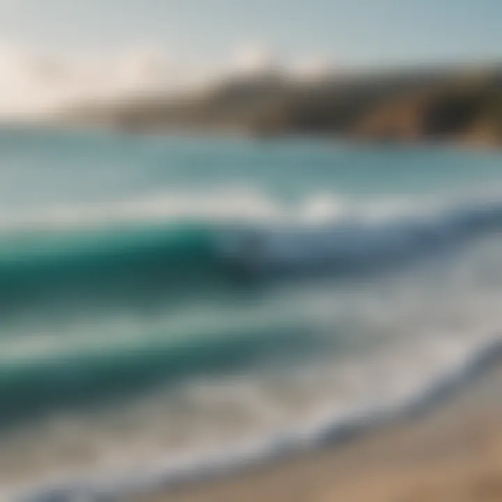 A stunning view of the Aruba coastline with surfers riding the waves