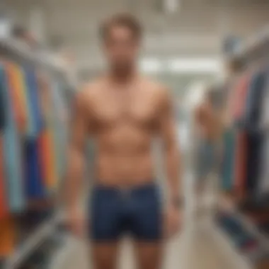 A surfer choosing swim trunks at a surf shop