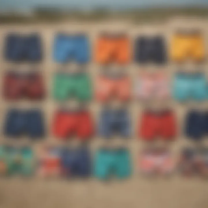 Variety of swim trunk styles displayed on a beach