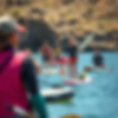 Enthusiasts Enjoying Small SUP Boards Diverse group enjoying small SUP boards in a scenic environment
