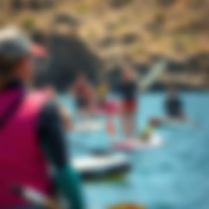 Enthusiasts Enjoying Small SUP Boards Diverse group enjoying small SUP boards in a scenic environment