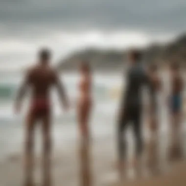 Surf Community Gathering A lively beach gathering with surfers sharing tips and experiences, capturing the essence of community in surf culture.