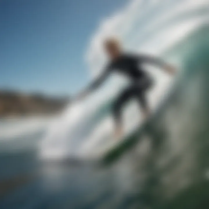 A surfer gracefully riding a wave, embodying the spirit of adventure and freedom that surfing offers.