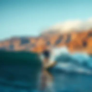 Surfing the Rugged Coastline of Iceland Surfer riding a wave against a backdrop of Iceland's rugged coastline