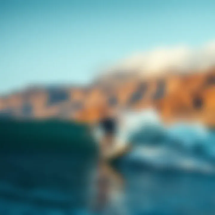 Surfing the Rugged Coastline of Iceland Surfer riding a wave against a backdrop of Iceland's rugged coastline