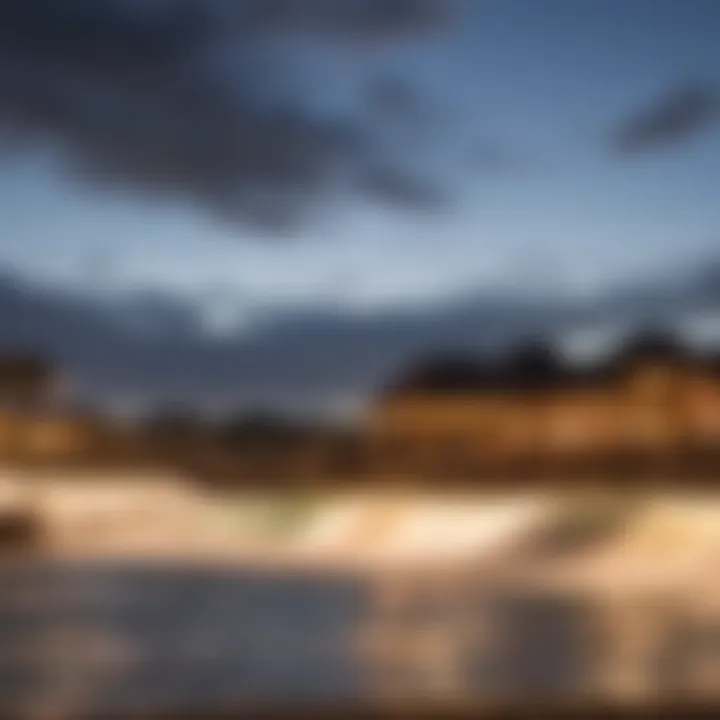 Evening view of the surf park with vibrant lights and atmosphere