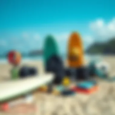 Sustainable Surfing Equipment Eco-friendly surfing gear and accessories displayed on the beach
