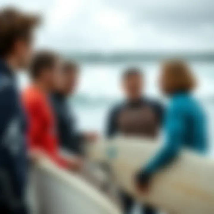 Surfers Engaging in Community Discussion Group of surfers discussing wave conditions