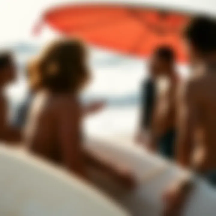 A group of surfers discussing their experiences on the beach