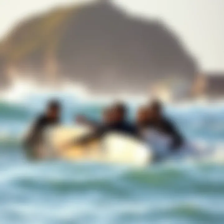 Embracing Surf Community A group of surfers enjoying the waves, embodying the community spirit of the Swiss surf culture.