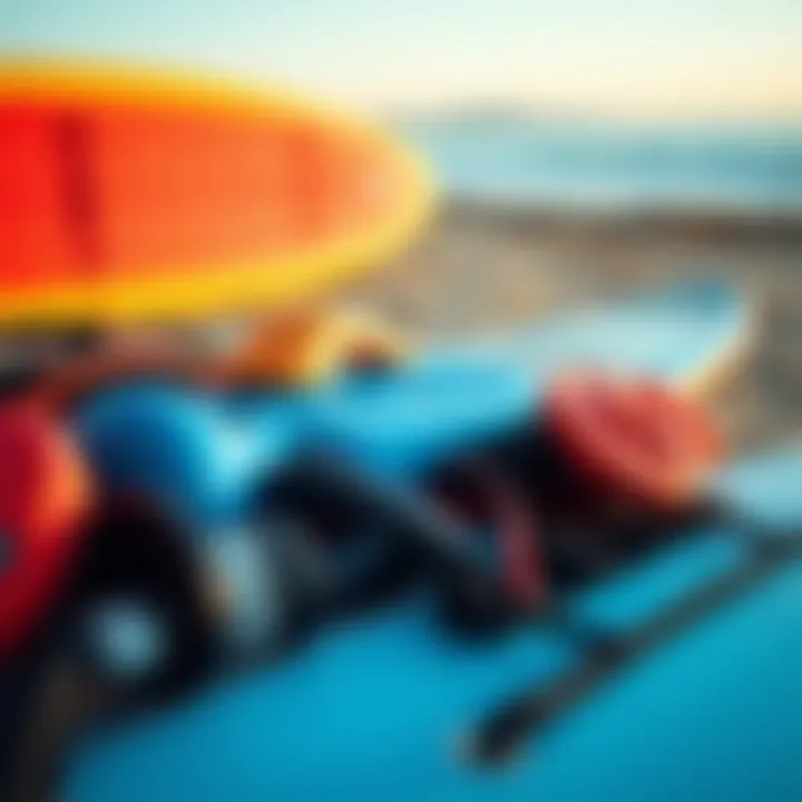 Essentials of Surf Gear A close-up of surf gear laid out on the shore, highlighting important equipment for enthusiasts.