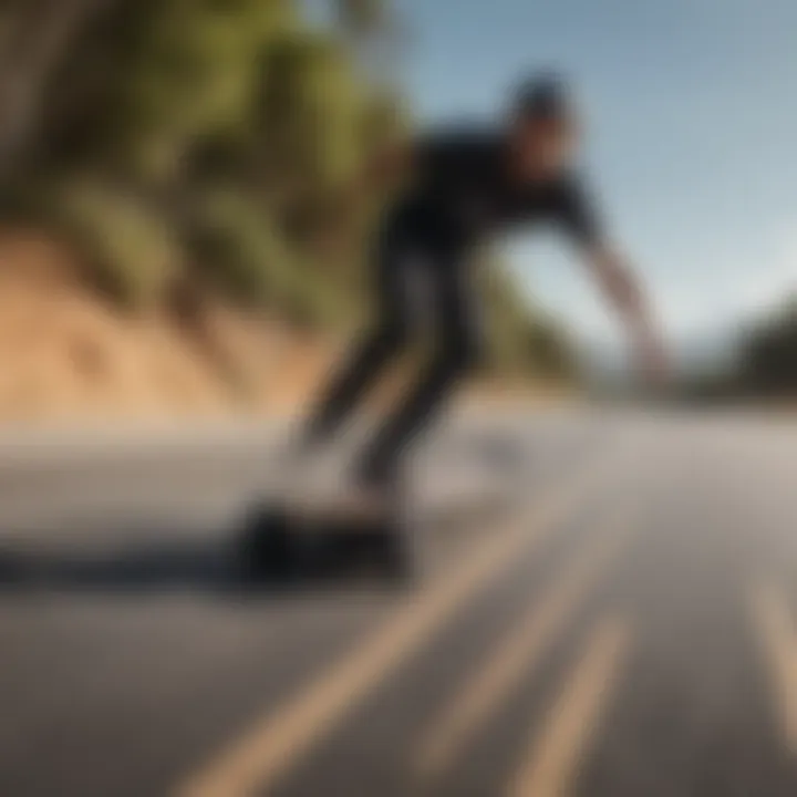 Rider demonstrating the cruising capabilities of a top mount longboard deck on a smooth surface