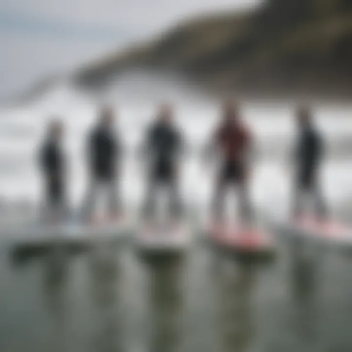 Group of surfers discussing water jet surfboards