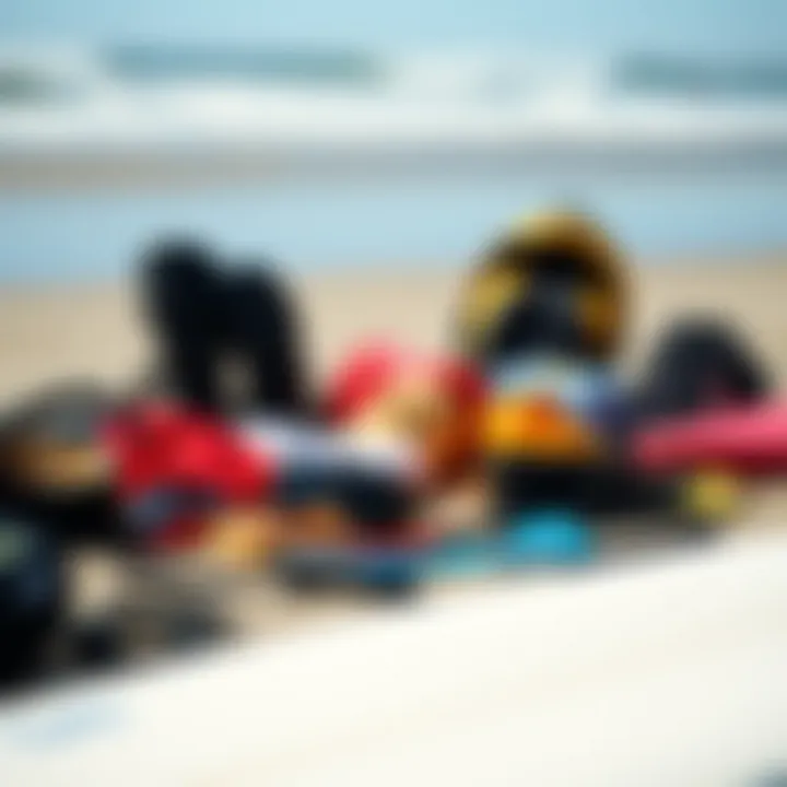 Essential Surfing Gear An array of essential surfing gear laid out on the beach, highlighting what surfers need.