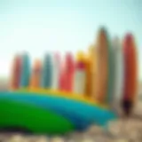 A colorful array of fun shape surfboards displayed on the beach