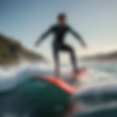 An illustration of a surfer riding a hydrofoil surfboard above the water