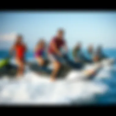 Jet Board Riders Sharing Their Thrilling Experiences A group of diverse riders sharing their jet boarding experiences