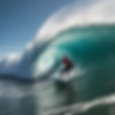 A dynamic view of a professional bodyboarder riding a massive wave