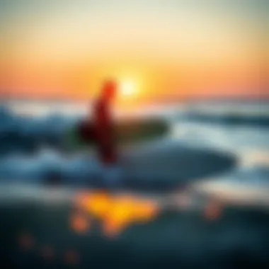 A surfer collaborating with a photographer during a surf session at sunset.
