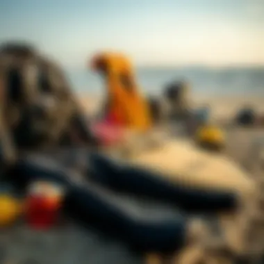 Essential Surf Gear A detailed look at essential surf gear laid out on the beach, including wetsuits and safety equipment