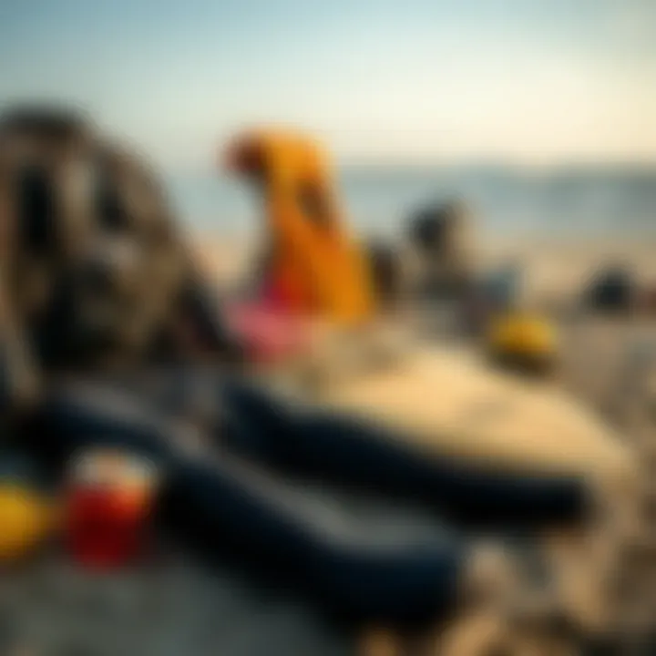 Essential Surf Gear A detailed look at essential surf gear laid out on the beach, including wetsuits and safety equipment