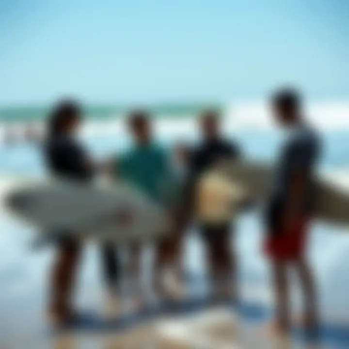 Surf Etiquette Discussion A group of surfers engaging in a friendly discussion about surf etiquette on the beach