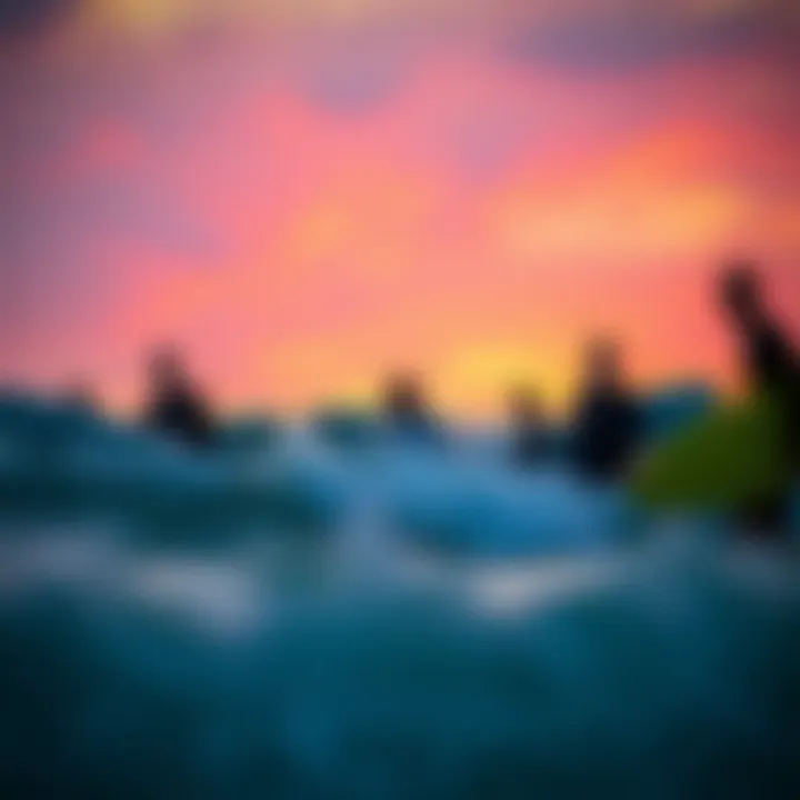 The Community Spirit of Surfing at Dusk Group of surfers enjoying a sunset session