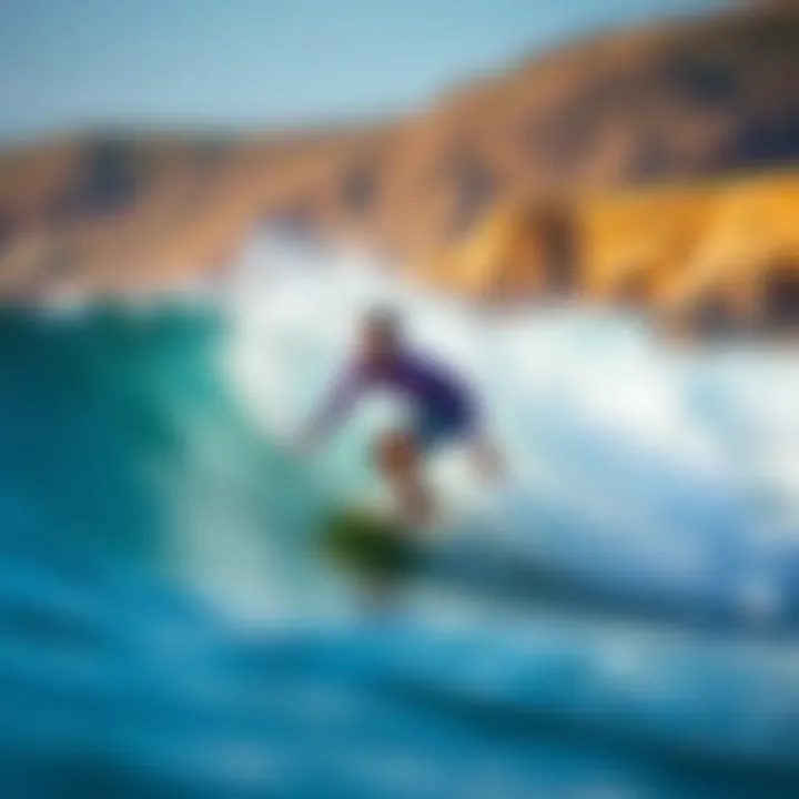 The Thrill of Surfing in Nature's Playground Surfer riding a wave in a stunning coastal landscape