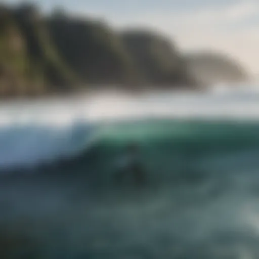 Breathtaking view of Uluwatu coastline with surfers riding waves