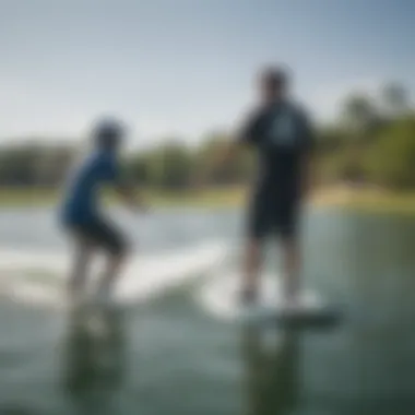 An instructor giving a coaching session to a wakeboarder