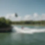 A panoramic view of a wakeboard park in Miami with riders in action