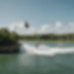 A panoramic view of a wakeboard park in Miami with riders in action