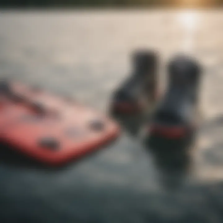 Close-up of wakeboarding equipment laid out for use