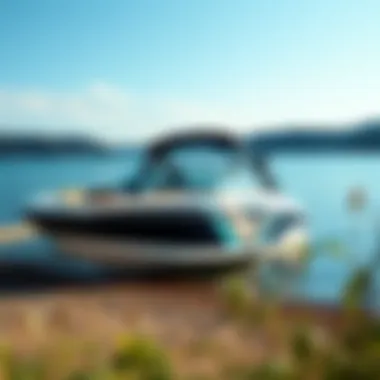 Wakesurf Boat at Scenic Lakeside Wakesurf boat parked at a scenic lakeside