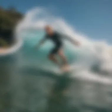 An action shot of a rider executing advanced skimboarding techniques in a wave zone