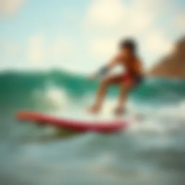 Beginner Surfer Using a Fish Surfboard Beginner surfer practicing on a fish surfboard