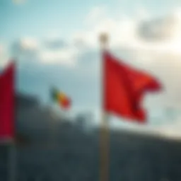 A vibrant flag warning system along a beach with surfers in the background