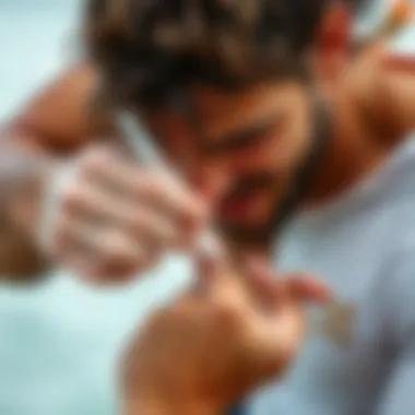 Surfer applying treatment to a blister