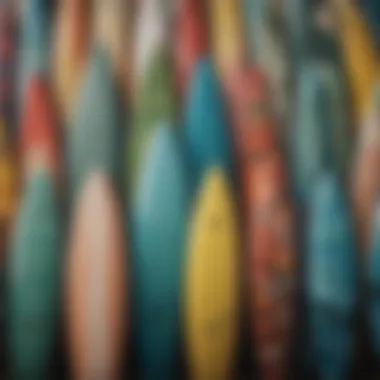 Diverse Designs of Fish Surfboards A collection of fish surfboards displaying diverse designs and colors