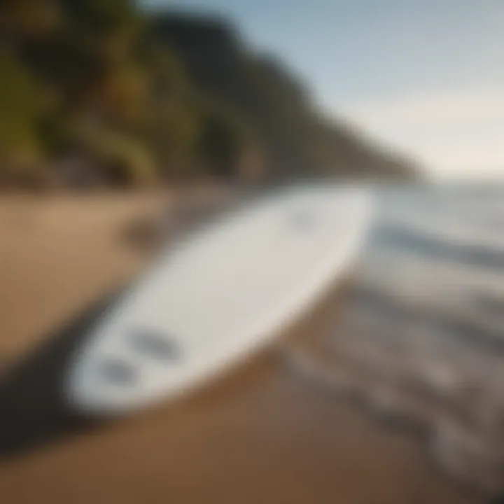 A sleek fish surfboard leaning against a vibrant beach backdrop