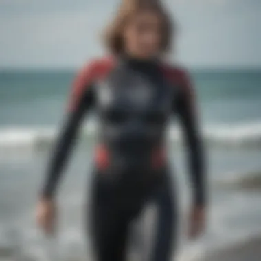 Detailed view of wetsuit design highlighting functional features