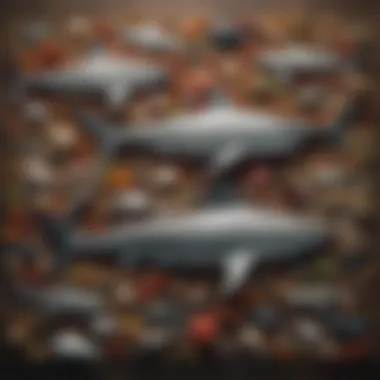 Diet of Sharks in Marine Ecosystems An infographic depicting the diet of various shark species in their ecosystem
