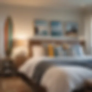 Beach-Inspired Bedroom with Surfboard Accents A cozy beach-themed bedroom featuring surfboards as decor elements.