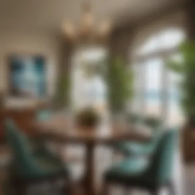 Elegant Dining Area with Surfboard Centerpieces An elegant dining area adorned with surfboard-inspired centerpieces.