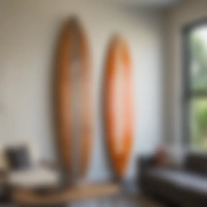 A vibrant surfboard mounted as a wall art piece in a modern living room.