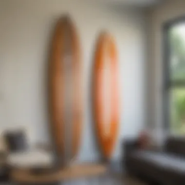 Surfboard Wall Art in Modern Decor A vibrant surfboard mounted as a wall art piece in a modern living room.