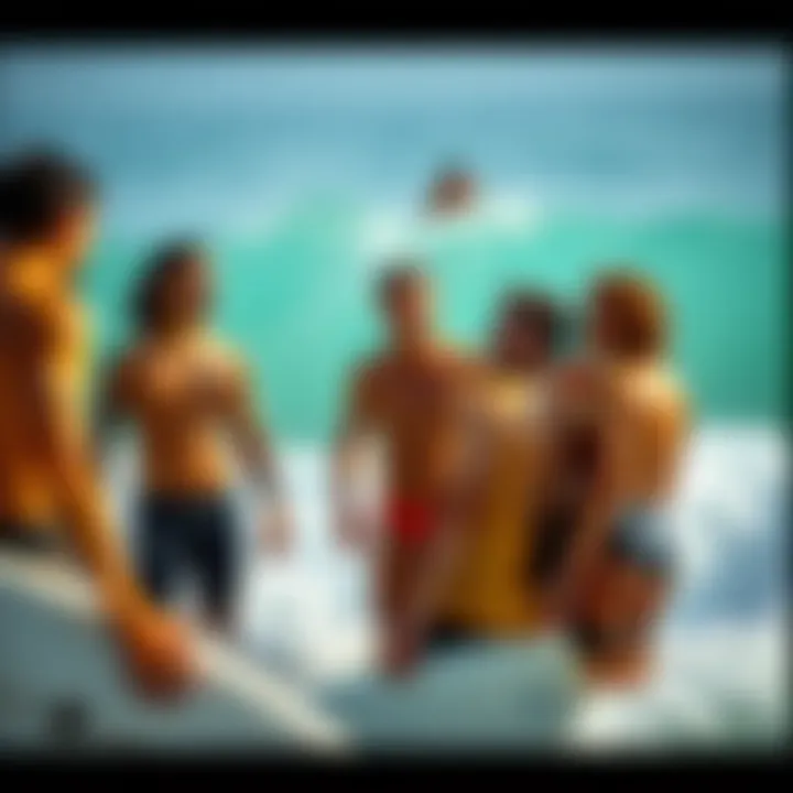 Surfers Discussing Riding Techniques Group of surfers discussing techniques while using the Wave Rider.