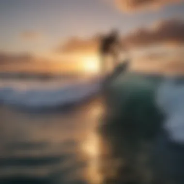 A breathtaking sunset view of a jet surfer carving through the water.